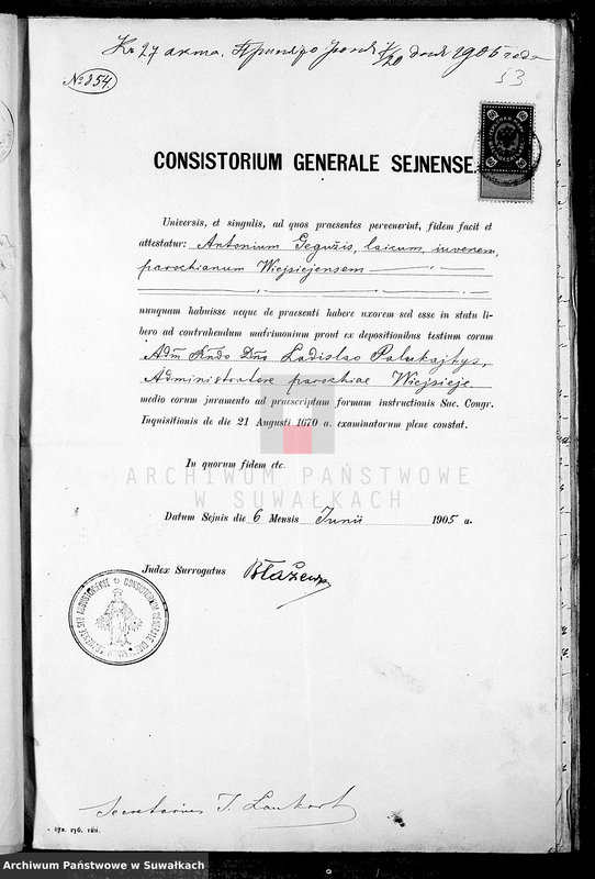 Obraz 19 z jednostki "Dokumenty brakosočetavšichsja Lejpunskago R. Katoličeskago Prichoda za 1905 god"