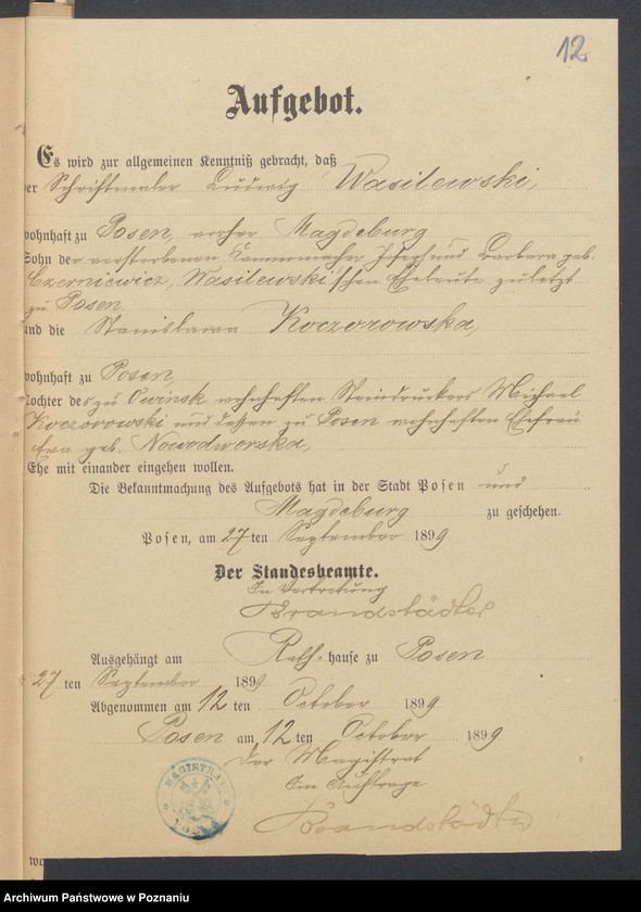 Obraz 14 z jednostki "Die von den Verlobten beigebrachten Urkunden zur Eheschliessung pro 1899"