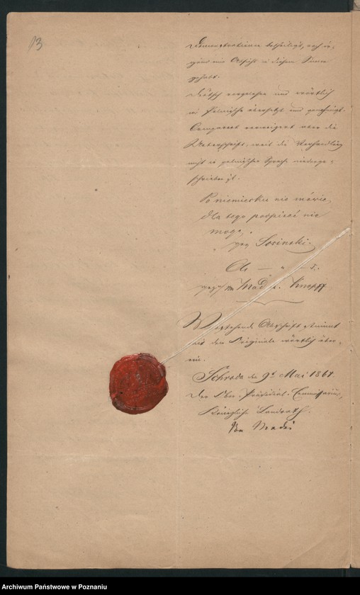 Obraz 16 z jednostki "Acta betreffend den in Orzeszkowo Kreis Schroda /Środa/ am 23.April 1864 verhafteten, angeblichen Holzkaufmann Josef Redlich aus Raszkowo, Kreis Adelnau /Odolanów/."