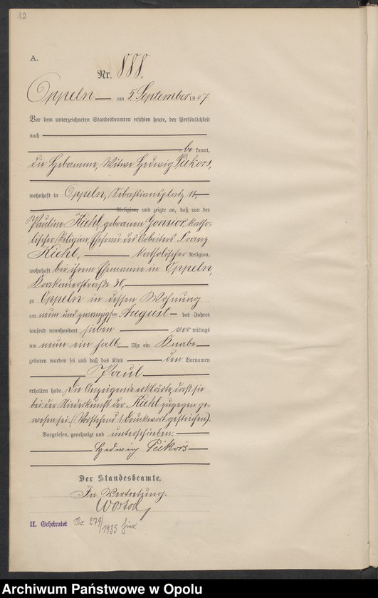 image.from.unit.number "Urząd Stanu Cywilnego w Opolu 1907 Rejestr Urodzeń miejscowa Nr 878 do 1277"