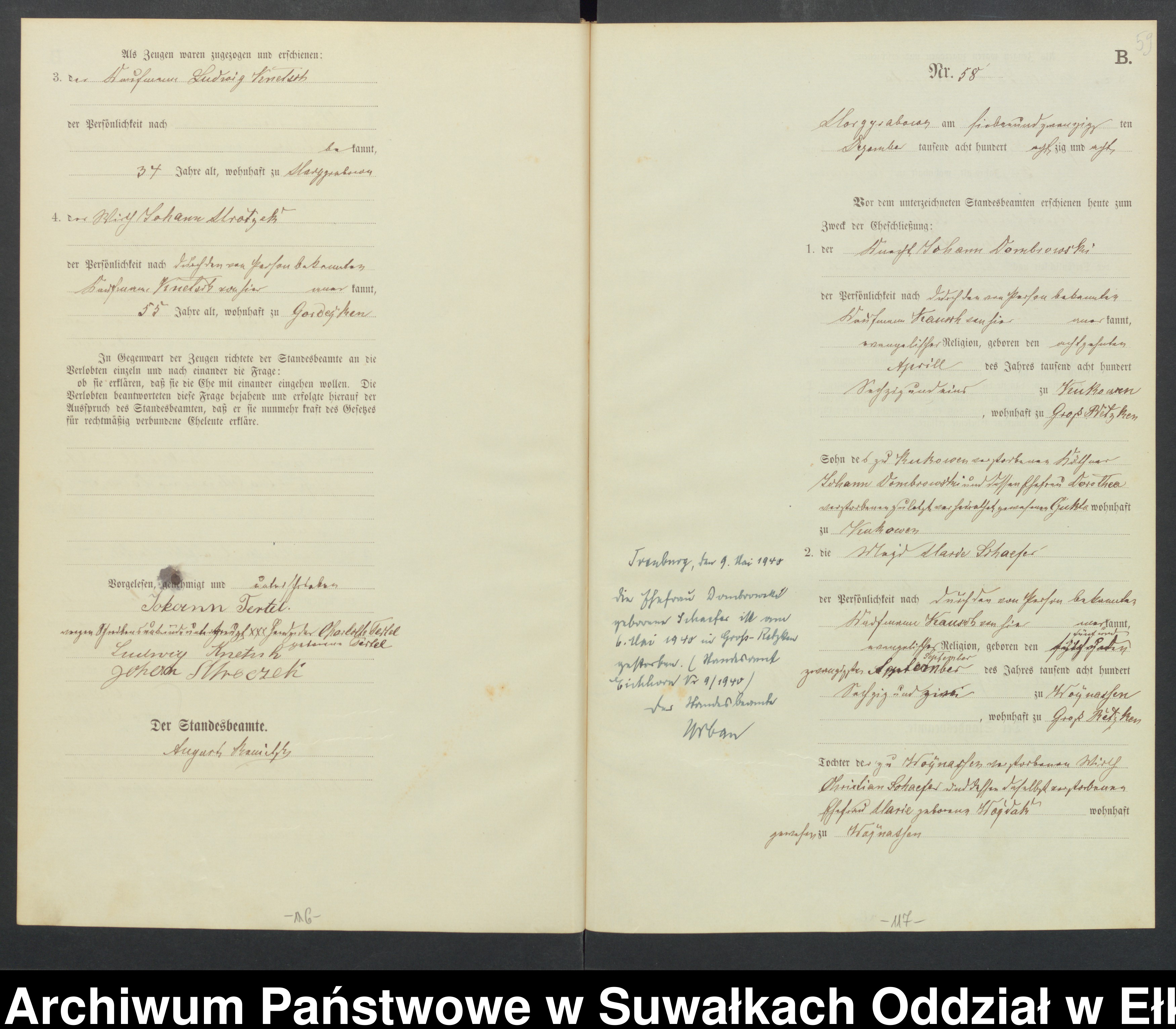 Skan z jednostki: Heiraths-Haupt-Register des Königlichen Preussischen Standesamtes Landbezirk Marggrabowa Kreis Oletzko