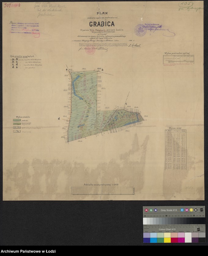 Obraz 1 z jednostki "Plan podziału wspólnego pastwiska wsi Grabica, w gminie Wola Wężykowa powiecie łaskim ... położonej, dokonanego na mocy uchwały zebrania gromadzkiego z dnia 10 lipca 1924 roku i orzeczenia Okręgowej Komisji Ziemskiej w Piotrkowie ..."
