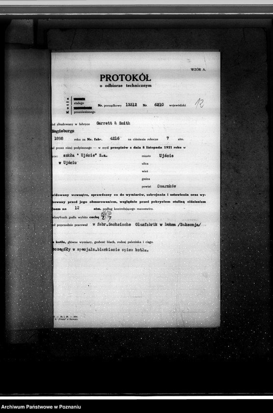 Obraz 16 z jednostki "Huta Szkła Ujście pow. chodzieski kocioł nr fabryczny 4216 kocioł nr woj. 6210"