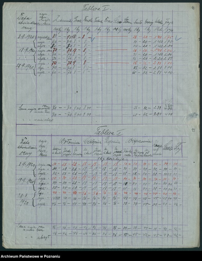 Obraz 19 z jednostki "[Wykaz cen rynkowych artykułów spożywczych w poszczególnych miastach Województwa Pomorskiego za miesiąc wrzesień 1920 roku]"