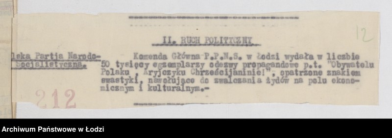 Obraz 16 z jednostki "Wycinki z meldunków doraźnych różnych polskich organizacji politycznych [prawicowych i narodowo-socjalistycznych]"