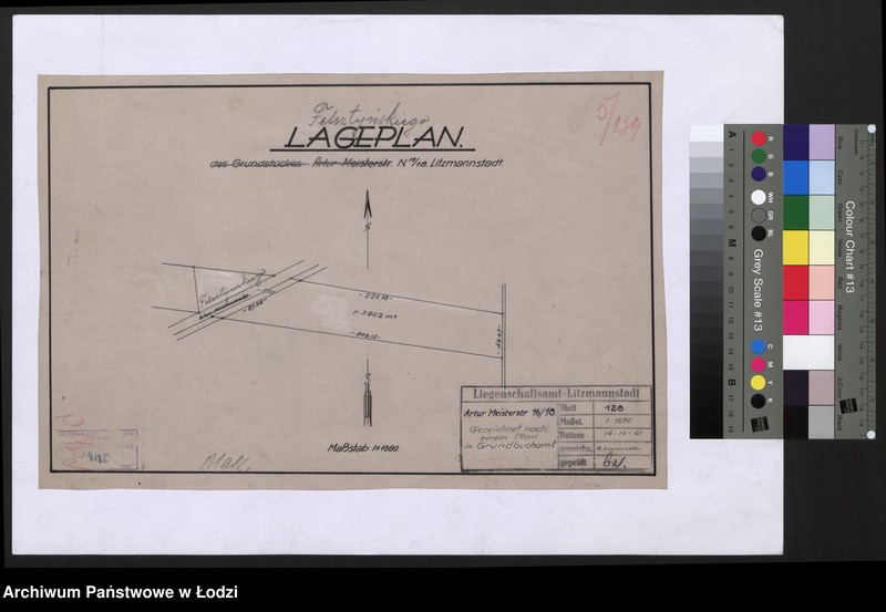 Obraz 1 z jednostki "Lageplan des Grundstückes Artur Meisterstrasse Nr 16/18 Litzmannstadt"