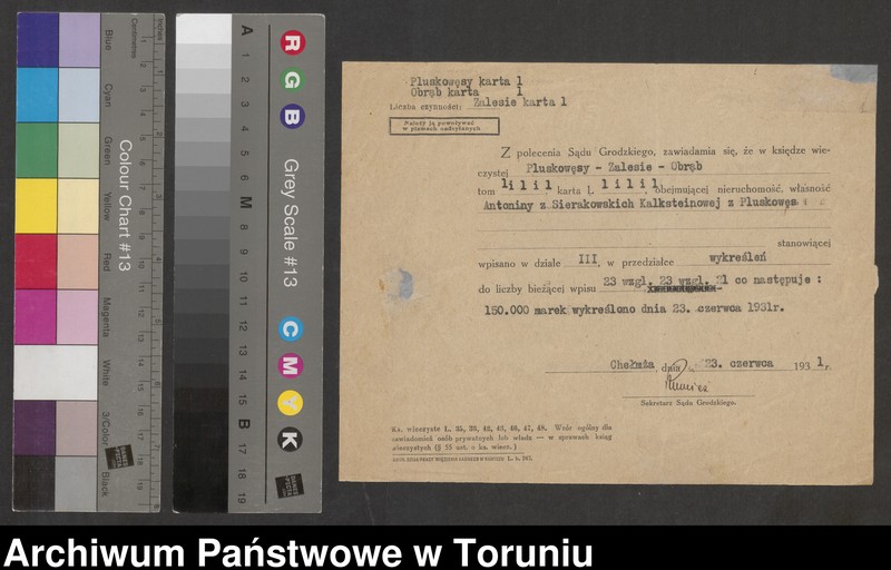 image.from.unit.number "[Pluskowęsy. Zawiadomienie o wykreśleniu z hipoteki Pluskowęs - Zalesia - Obrąbu 150 000 marek]"