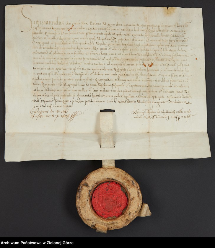 Obraz 4 z jednostki "Zygmunt, król polski, na prośbę międzyrzeczan, poleca poddanym mieszkającym na wsi a uprawiającym grunty miejskie, przenieść się do Międzyrzecza i"