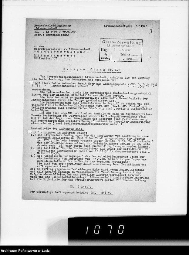 Obraz 7 z jednostki "Kriegsauftrag J.S 374 94 Patronentaschen [dla Heeresbekleidungsamt Litzmannstadt]"