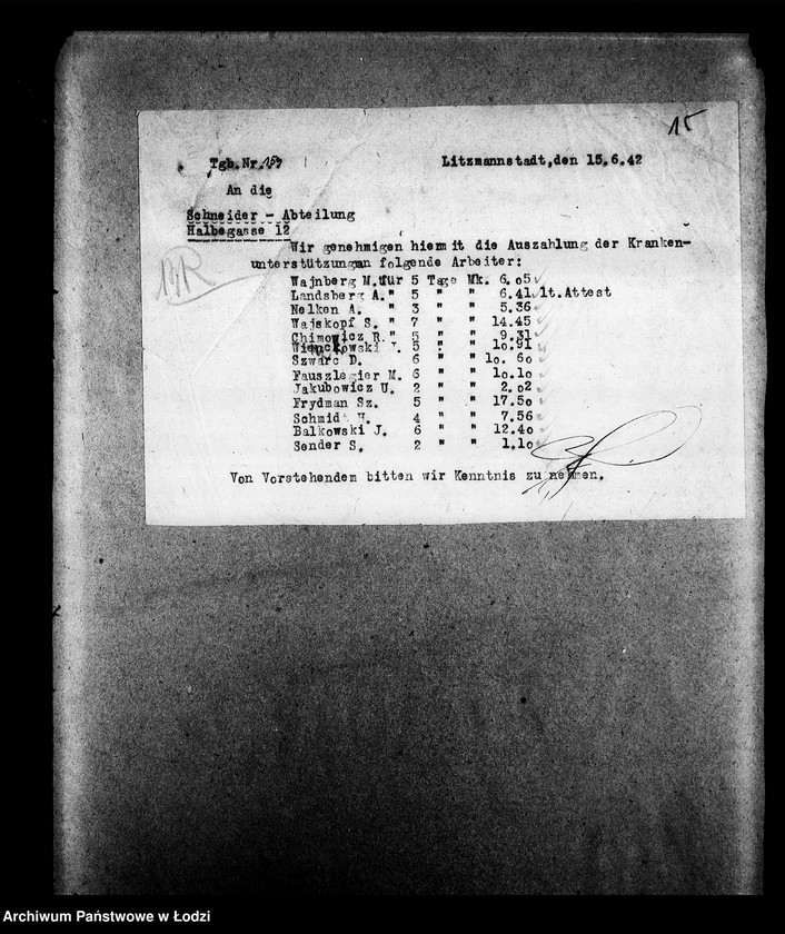 Obraz 18 z jednostki "Schneider-Abteilung, Halbegasse 12 [Zasiłki chorobowe dla pracowników wydziału, listy pracowników, zaświadczenia lekarskie]"