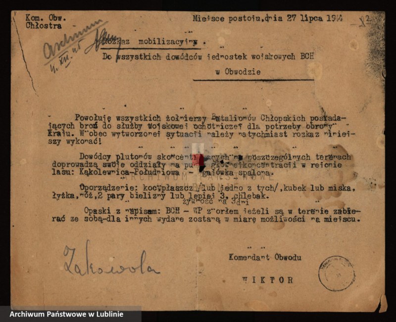 Obraz 2 z jednostki "[Rozkaz mobilizacyjny komendanta Obwodu nr 11 Radzyń Podlaski z 27.VII.1944 r.]"