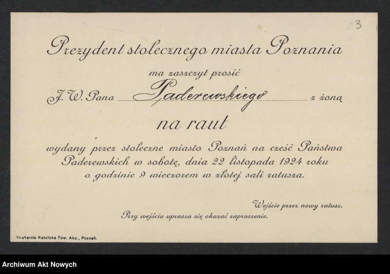 image.from.unit.number "Władze miejskie m. Poznania; Załączniki: a) zaproszenia; b) telegramy C. Ratajskiego (prez. m. Poznania) do E. B. Wilson (żony prez. W. Wilsona) i gen. Pershinga (rękopisy I. Paderewskiego dla C. Ratajskiego); c) telegramy E. B. Wilson, gen. I. Pershing