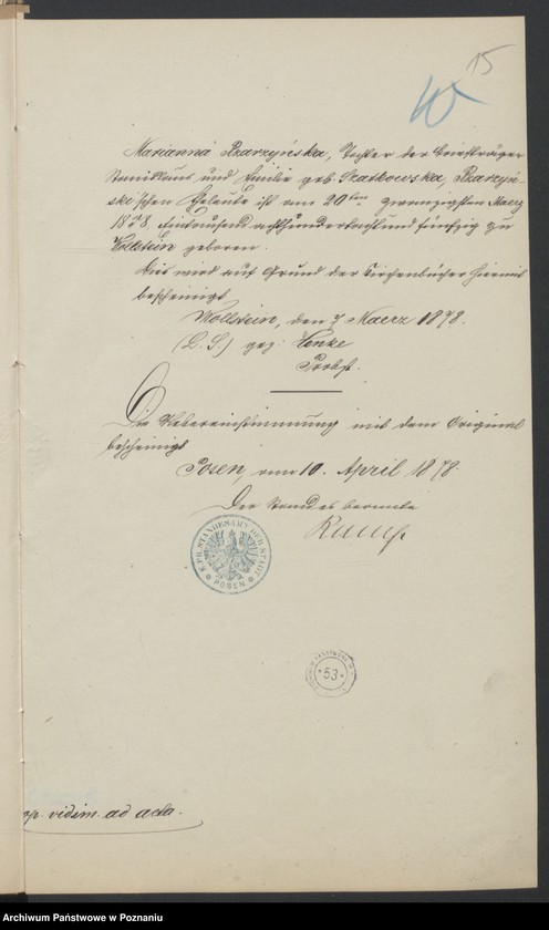 Obraz 17 z jednostki "Die von den Verlobten zum Aufgebot beigebrachten Urkunden pro 1878"