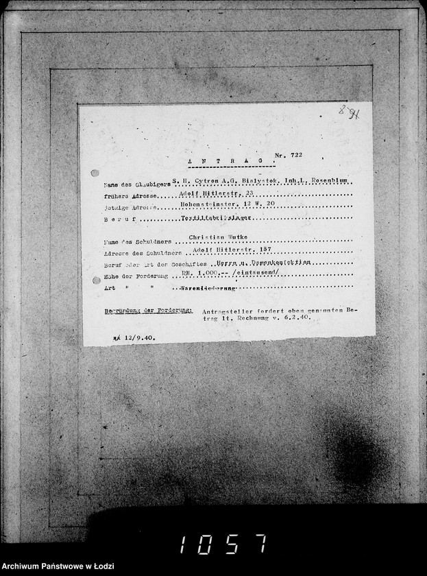 Obraz 12 z jednostki "J.721-740 [Wnioski Żydów z Getta o zwrot należności za dostarczony towar]"