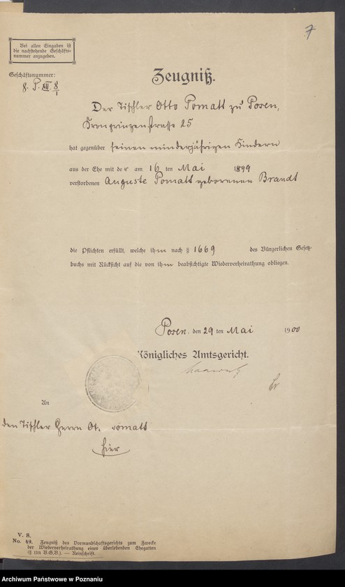 Obraz 9 z jednostki "Die von den Verlobten beigebrachten Urkunden zur Eheschliessung pro 1900"