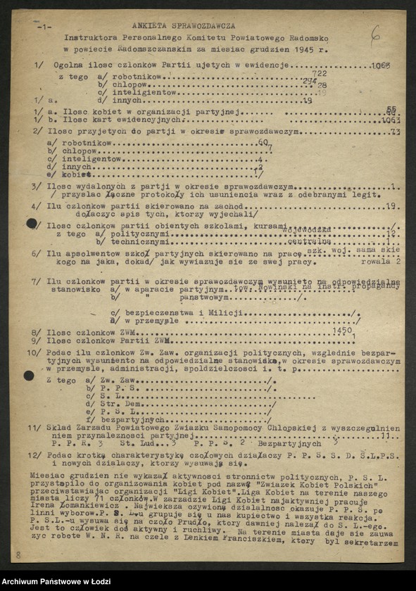 Obraz 7 z jednostki "Ankiety sprawozdawcze instruktora Komitetu Powiatowego Radomsko [z załącznikami]"