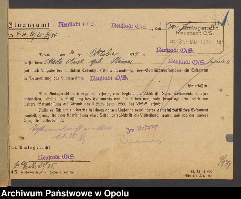 image.from.unit.number "Verfügung von Todes wegen des Maschinenbauers Emil Aust und seiner Ehefrau Marta geb[orene] Steiner in Neustadt"