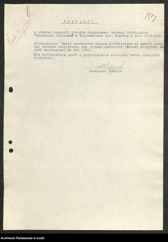 Obraz 14 z jednostki "Ośrodki Maszyn Rolniczych [- protokoły z kontroli i lustracji, wykazy kierowników Ośrodków]"