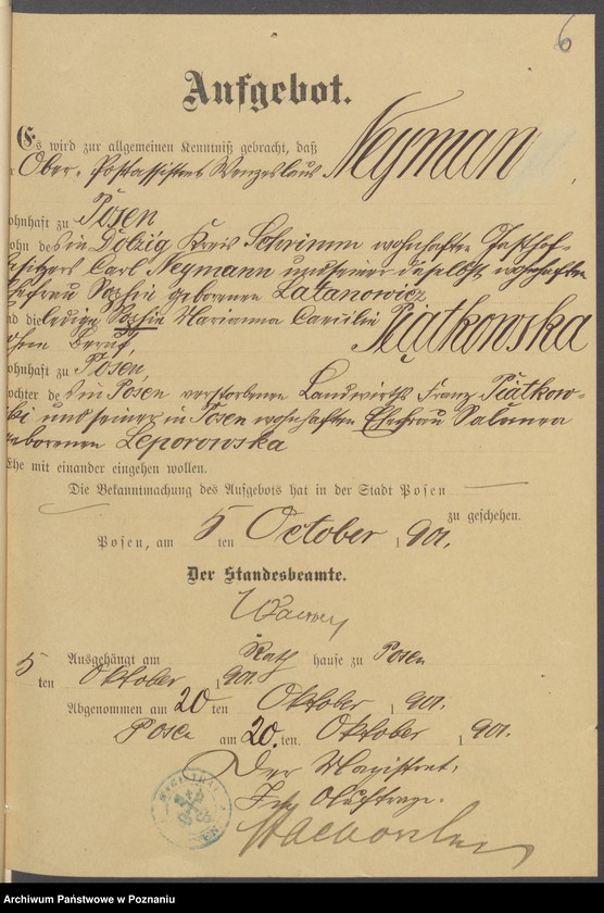 Obraz 8 z jednostki "Die von den Verlobten beigebrachten Urkunden zur Eheschliessung pro 1901. Vol XVI"