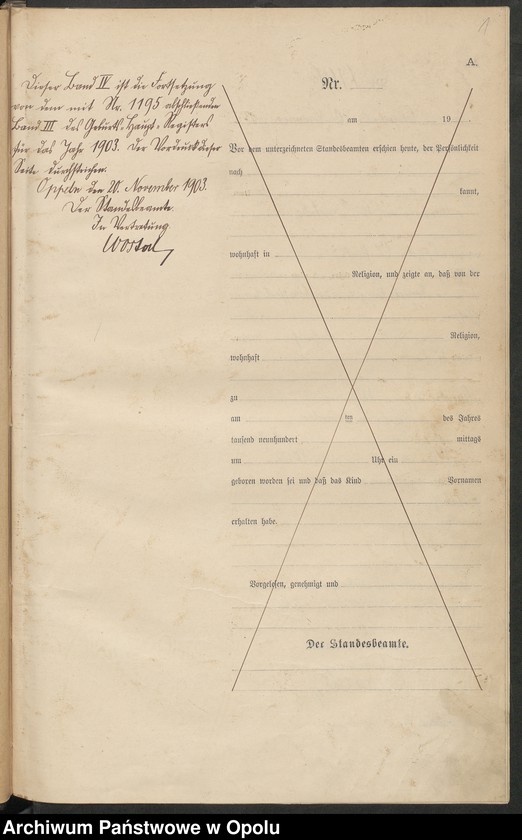 Obraz 5 z jednostki "Urząd Stanu Cywilnego w Opolu 1903 Rejestr Urodzeń Księga Miejscowa Nr 1196 do 1355"