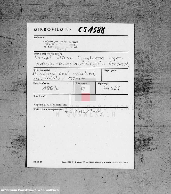 image.from.unit.number "Duplikat Aktów [małżeństw i urodzeń] i zejścia z Filiału Ewangelicko-Augsburgskiego w mieście Sereje za rok 1863"