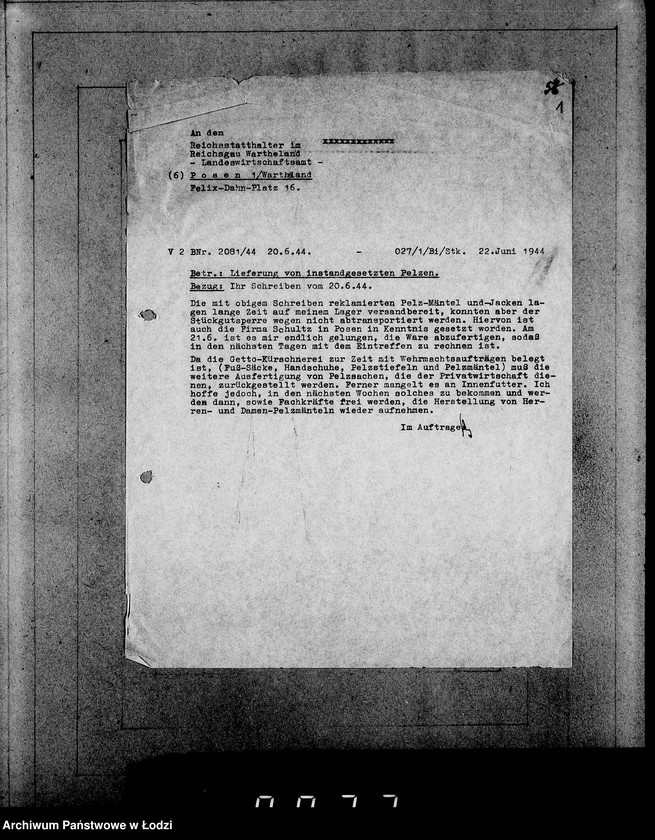 Obraz 5 z jednostki "Oberbürgermeister Litzmannstadt [Korespondencja i zamówienia na dostawę futer i materiałów]"