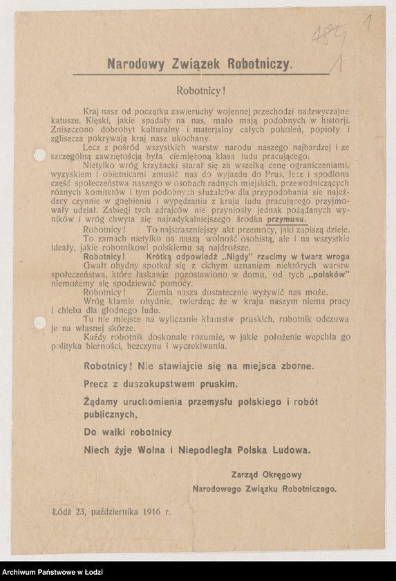 Obraz 1 z jednostki "[Odezwa Łódzkiego Zarządu Okręgowego Narodowego Związku Robotniczego wzywająca do walki z pruskim zaborcą]"