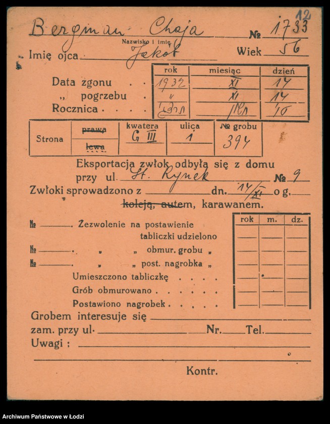 Obraz 13 z jednostki "Kartoteka osób pochowanych na cmentarzu żydowskim przy ulicy Brackiej w latach 1892-1955. Nazwiska na litery: Bergm-Berz"