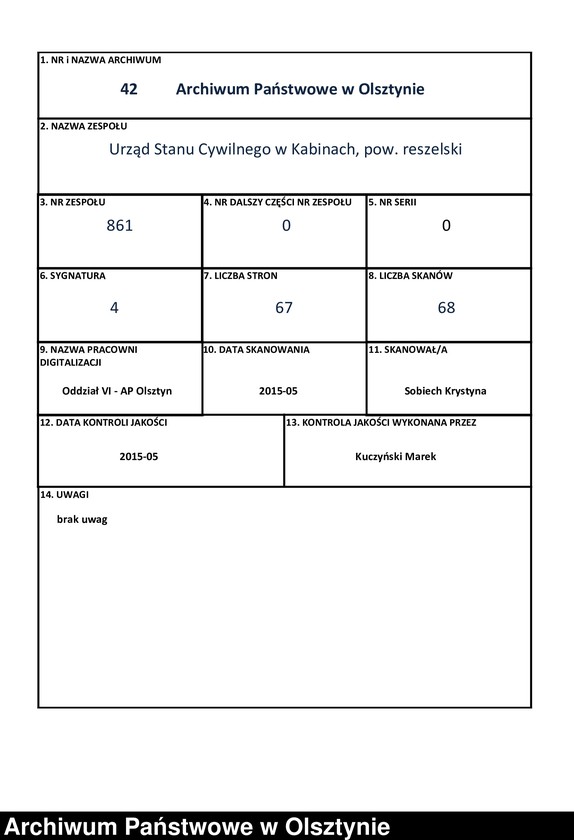 Obraz z zespołu "Urząd Stanu Cywilnego w Kabinach pow. biskupiecki (dawny pow. reszelski)"