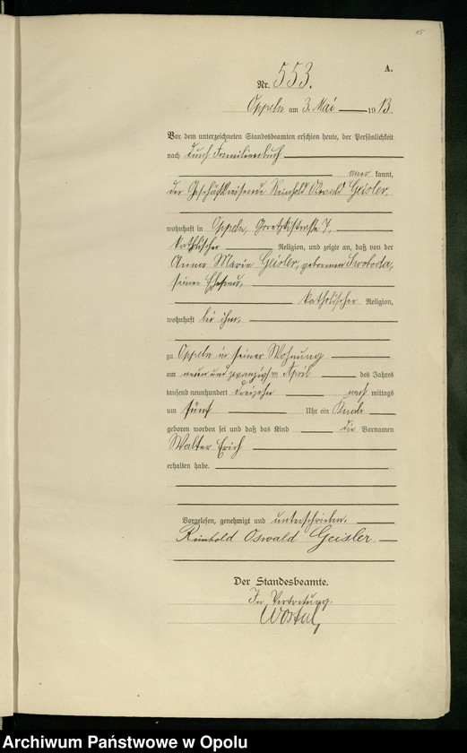 Obraz 19 z jednostki "Urząd Stanu Cywilnego Opole Księga Urodzeń Rok 1913 540-1057"