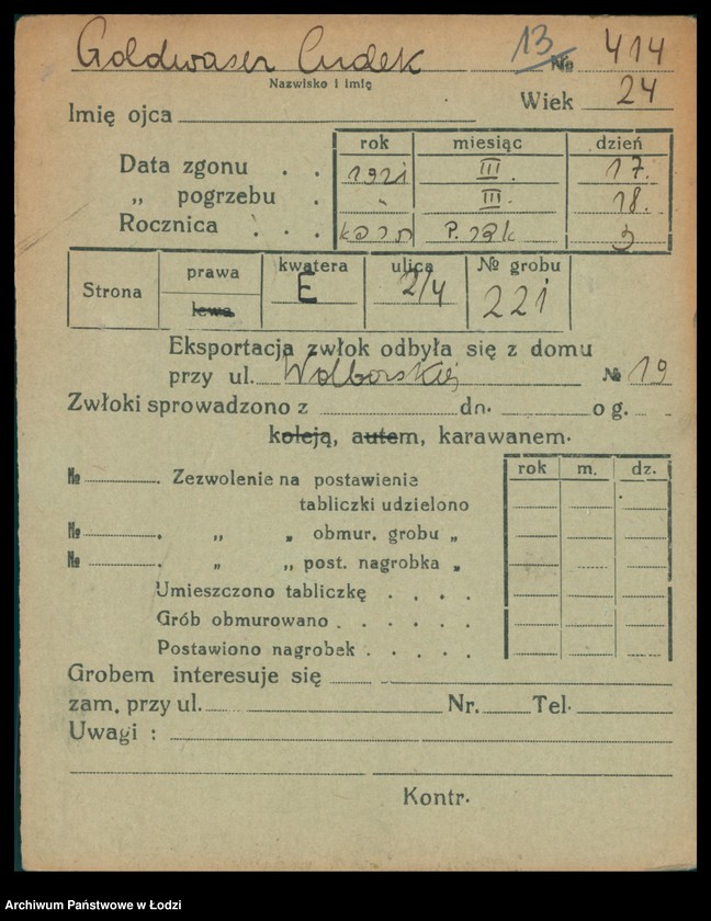 Obraz 14 z jednostki "Kartoteka osób pochowanych na cmentarzu żydowskim przy ulicy Brackiej w latach 1892-1959. Nazwiska na litery: Goldw-Gö"