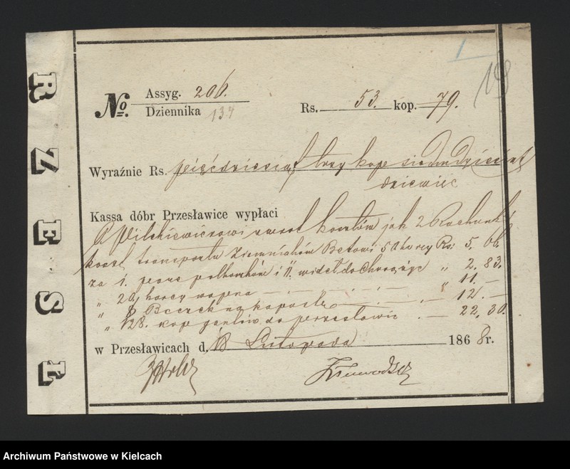 image.from.unit.number "Dowody rozchodu kasy dóbr Przęsławice od 1 listopada do 28 lutego 1869 roku"