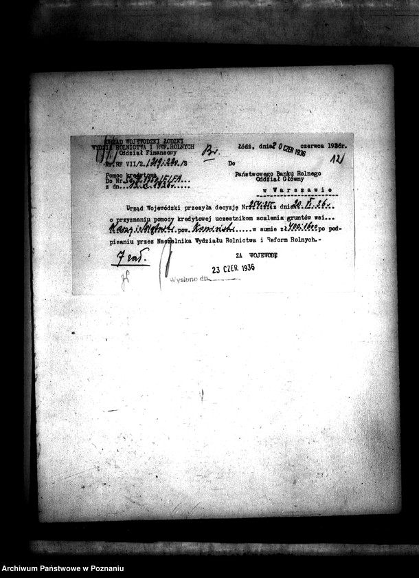 Obraz 15 z jednostki "Sprawa przyznania pomocy kredytowej uczestnikom scalenia gruntów wsi Świętniki powiatu konińskiego"