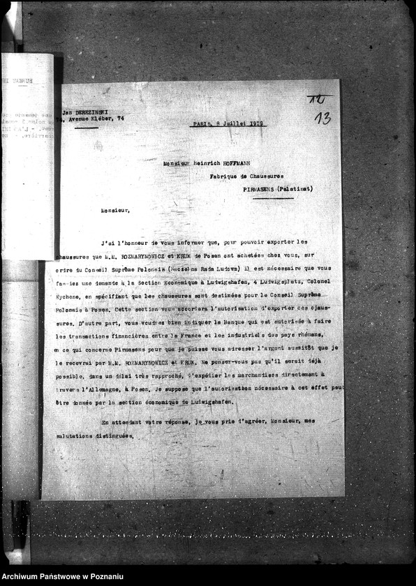 Obraz 17 z jednostki "Territoires Rhenans [korespondencja polskiego przedstawiciela handlowego Derezińskiego]"