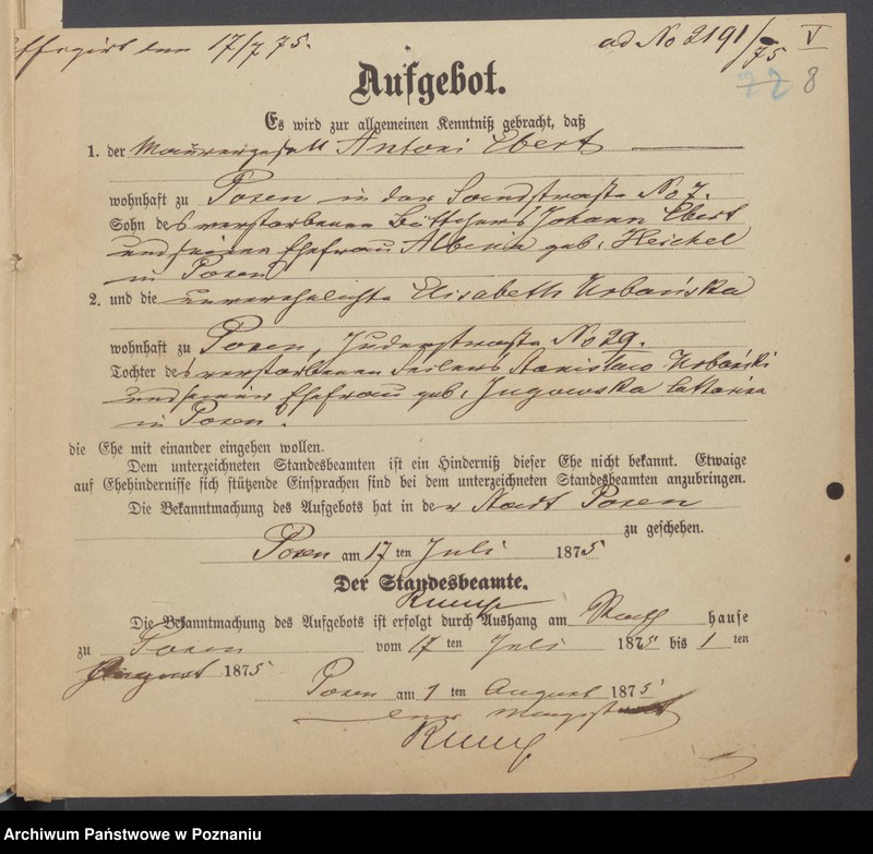 Obraz 10 z jednostki "Die von den Verlobten beigebrachten Urkunden zur Eheschliessung pro 1875"