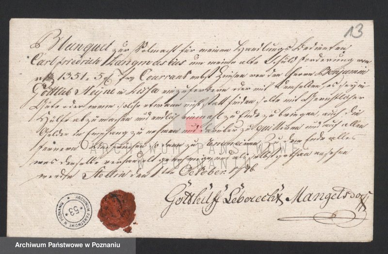 Obraz 17 z jednostki "Acta judicialia in Schuldsachen Samuel Gottlieb Abitz entgegen Beniamin Gottlob Hein eine Anforderung von 2200 fl. Kapital anbetreffend verhandelt vor denen löbl. Stadtgerichten Lissa; język niemiecki"