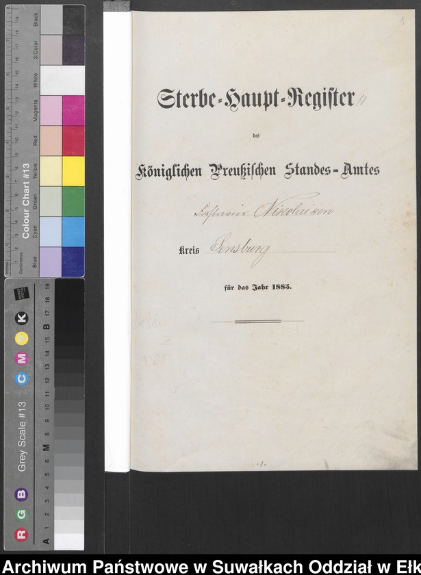 Obraz z jednostki "Sterbe-Haupt-Register des Königlich Preussischen Standes-Amtes Forstrevier Nicolaiken Kreis Sensburg für das Jahr 1885[do 1887]"