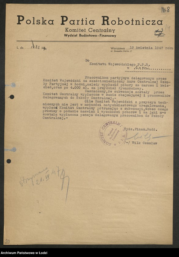 Obraz 15 z jednostki "Korespondencja z [Wydziałem Ogólnym, Budżetowo - Finansowym, Gospodarczym oraz Buchalterią] Komitetu Centralnego"