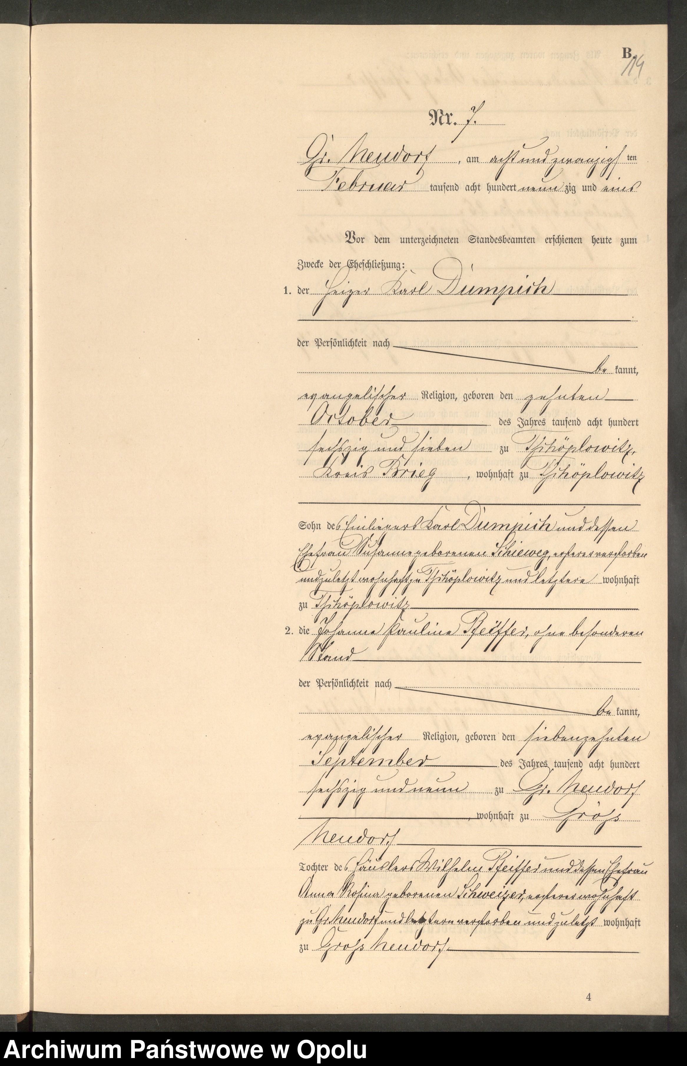 Skan z jednostki: Heiraths-Neben-Register Standes-Amt Gr.[oss] Neudorf 1891