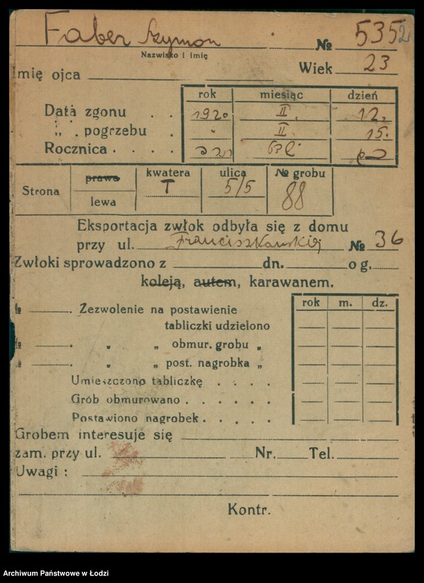 Obraz 3 z jednostki "Kartoteka osób pochowanych na cmentarzu żydowskim przy ulicy Brackiej w latach 1892-1958. Nazwiska na litery: Fa-Fä"
