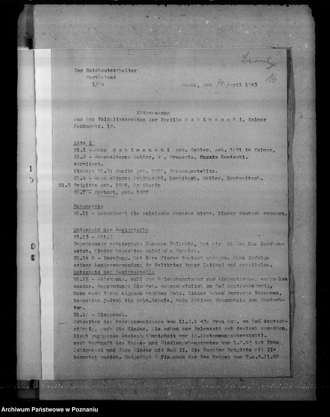 Obraz 20 z jednostki "Aktenauszüge für die 11.Sitzung der Zentralstelle der Deutschen Volksliste"