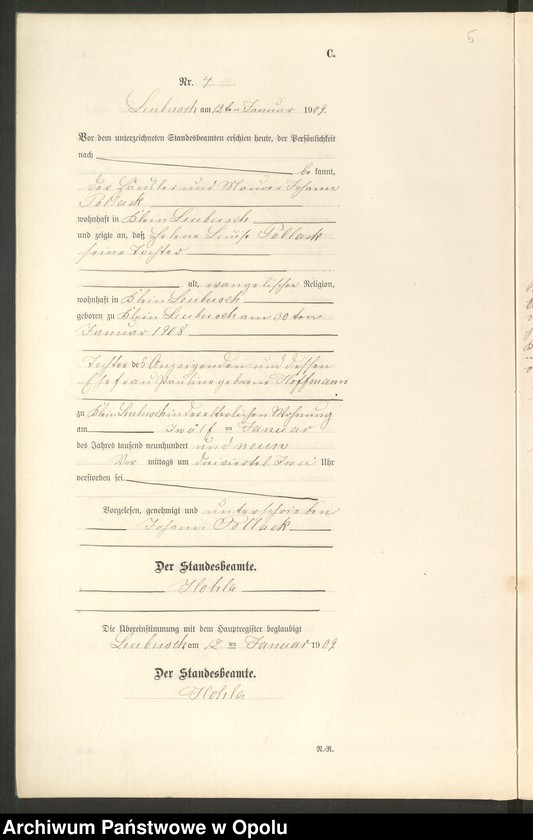 image.from.unit.number "Sterbe-Register (Neben-Register) Standesamt Leubusch 1909"