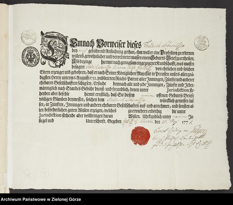image.from.unit.number "Ernst Ludvig von Gloger, Landrat i pan dziedziczny majątku Czetowice wystawia swemu podwładnemu Friedrichowi Schwentzer świadectwo prawego urodzenia"