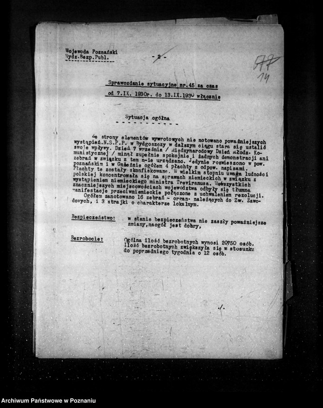 Obraz 19 z jednostki "Sprawozdania sytuacyjne tygodniowe za czas od 31 sierpnia do 2 października 1930 r. /44-48/"