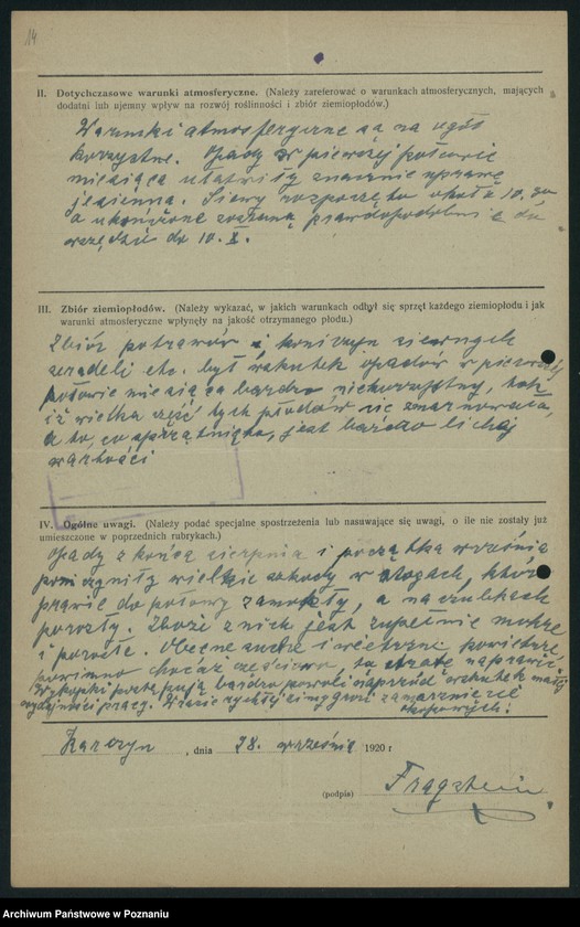 Obraz 16 z jednostki "[Sprawozdanie o stanie i zbiorze ziemiopłodów w miesiącach wrześniu i październiku 1920 w poszczególnych powiatach]"