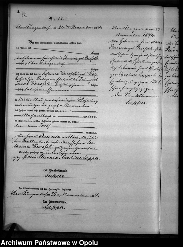 Obraz 15 z jednostki "Geburts-Neben-Register des Standesamtes Kunzendorf 1874"