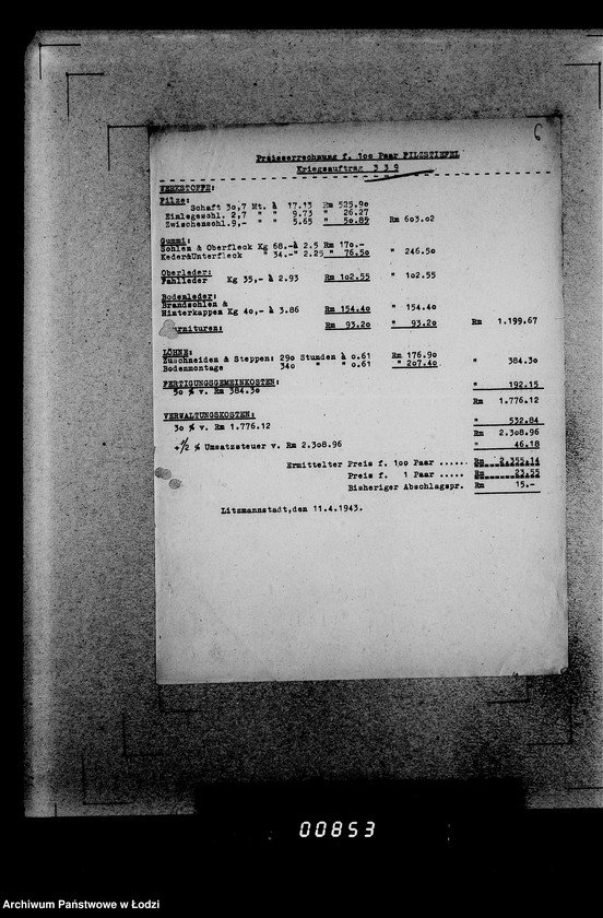 Obraz 10 z jednostki "339 Filztiefel A.[Zamówienia, korespondencja, kalkulacje]"