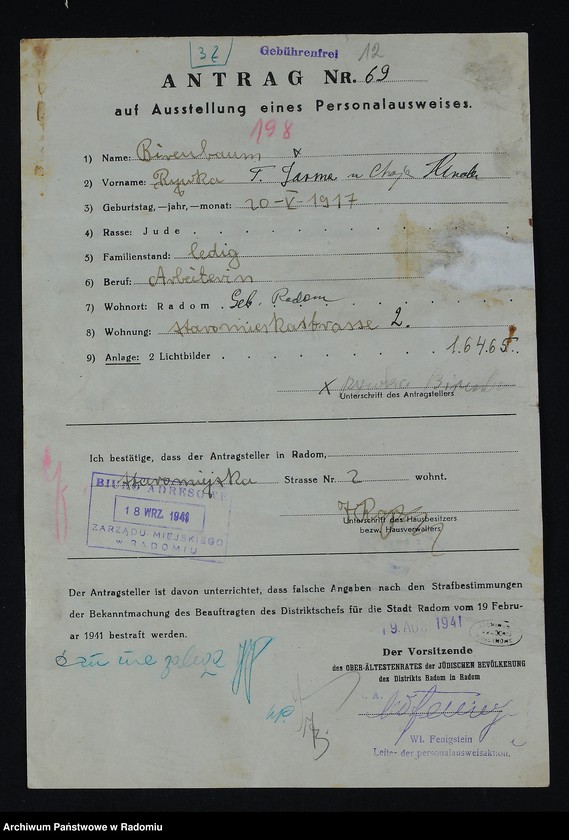 image.from.unit.number "[Wnioski o wydanie dowodów osobistych oraz nie odebrane dowody Birenbaum Rachela - Blass]"