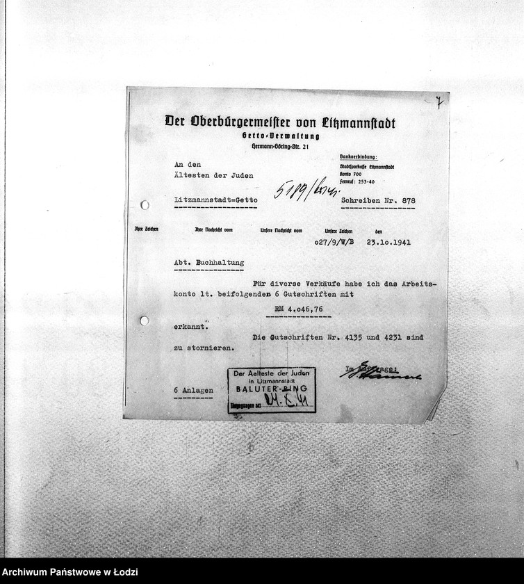 Obraz 10 z jednostki "Sonderkonto [Korespondencja PSŻ z GV w sprawach buchalteryjnych: uznanie konta za przekazane Niemcom mienie żydowskie i dostarczoną siłę roboczą w zamian świadczeń ze strony GV]"
