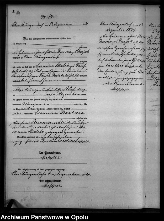 Obraz 17 z jednostki "Geburts-Neben-Register des Standesamtes Kunzendorf 1874"